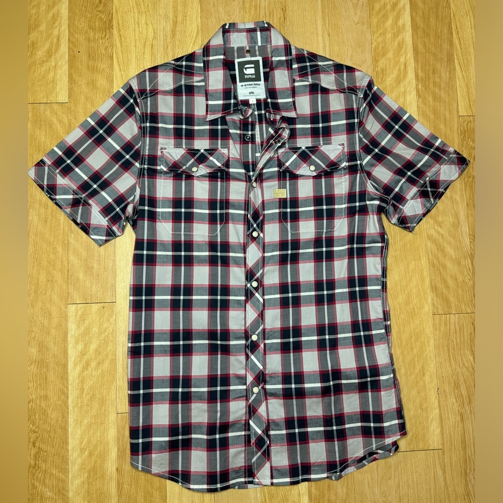G-Star Raw Short Sleeve Snap Button Down Shirt Red Black Plaid Men's Large